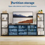 Meuble TV commode avec 9 tiroirs en tissu – Grand meuble de divertissement avec 2 étagères industrielles à 4 niveaux