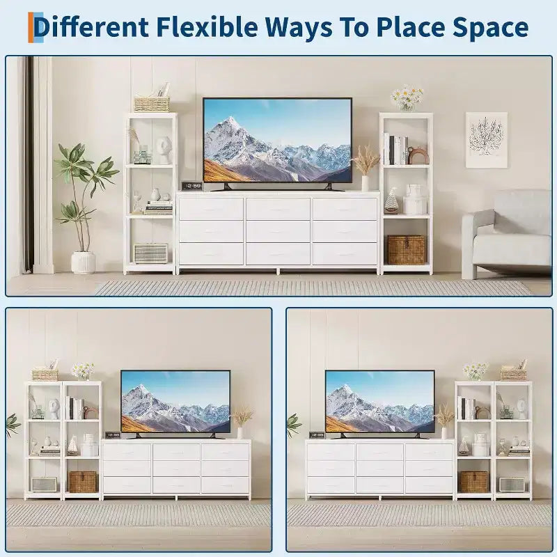 Meuble TV commode avec 9 tiroirs en tissu – Grand meuble de divertissement avec 2 étagères industrielles à 4 niveaux