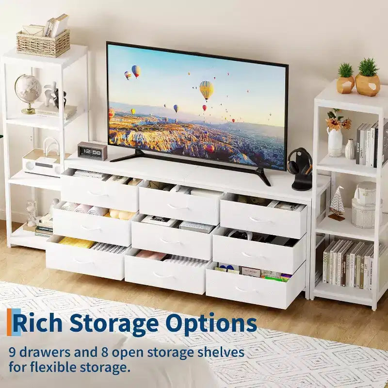 Meuble TV commode avec 9 tiroirs en tissu – Grand meuble de divertissement avec 2 étagères industrielles à 4 niveaux