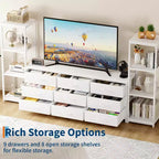Meuble TV commode avec 9 tiroirs en tissu – Grand meuble de divertissement avec 2 étagères industrielles à 4 niveaux