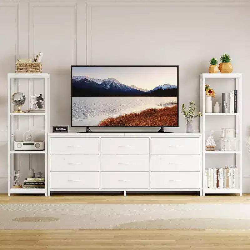 Meuble TV commode avec 9 tiroirs en tissu – Grand meuble de divertissement avec 2 étagères industrielles à 4 niveaux
