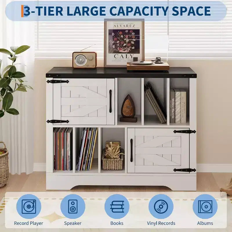 Meuble de rangement pour disques vinyles de ferme 39" – Meuble de lecture en bois avec 2 portes de grange pour le salon