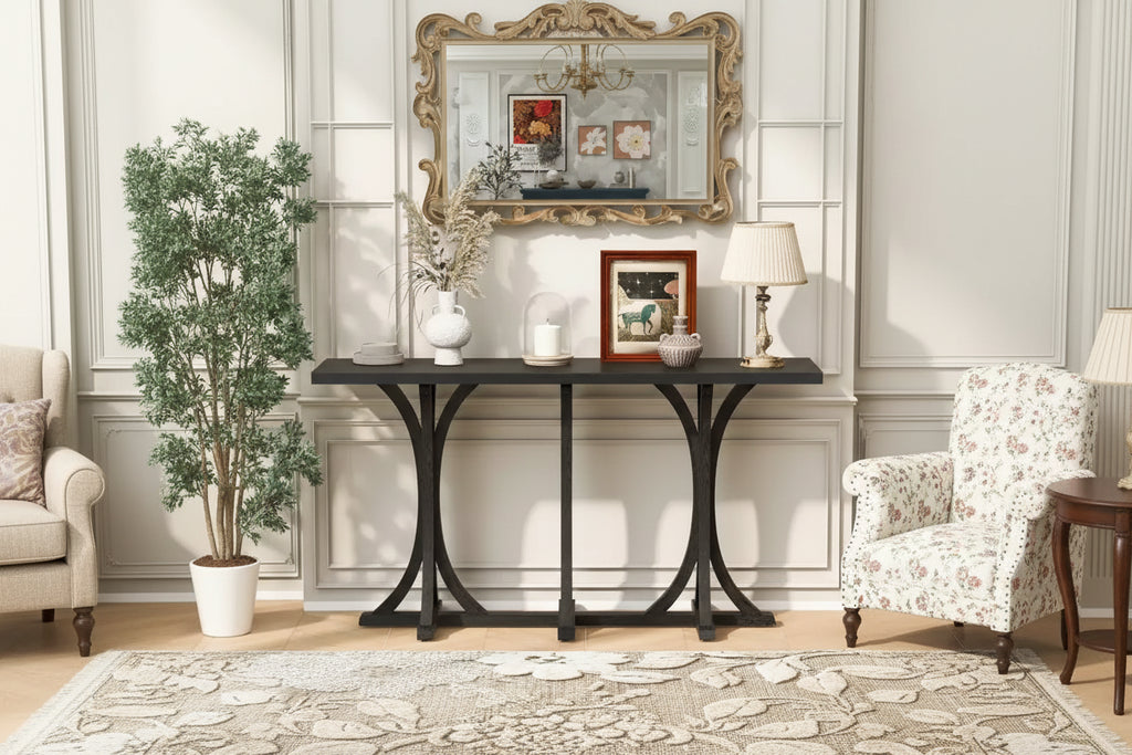 JVNOXK59.8'' Wooden Console Table with Oak Veneer Top,Farmhouse Entryway Table with Rubber Wood Slender Curved Legs,Black