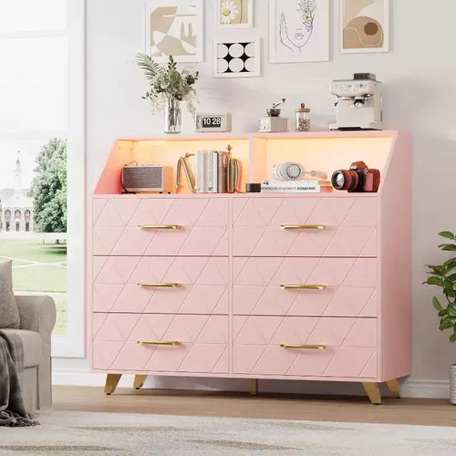 Acekool 6 Drawer Dresser with Power Station, Geometric Front & Gold Legs, Modern Storage Cabinet for Bedroom, Living Room, Entryway