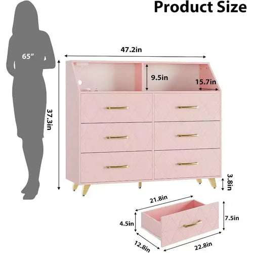 Commode à 6 tiroirs avec station de charge, façade géométrique et pieds dorés – Armoire de rangement moderne pour chambre à coucher