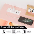 Commode à 6 tiroirs avec station de charge, façade géométrique et pieds dorés – Armoire de rangement moderne pour chambre à coucher