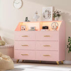 Commode à 6 tiroirs avec station de charge, façade géométrique et pieds dorés – Armoire de rangement moderne pour chambre à coucher