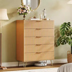 Commode à 5 tiroirs cannelés de 121,2 cm de haut – Chêne naturel, poignées dorées, anti-basculement, rangement de chambre étanche