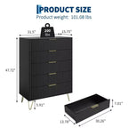 Commode à 5 tiroirs cannelés de 121,2 cm de haut – Chêne naturel, poignées dorées, anti-basculement, rangement de chambre étanche