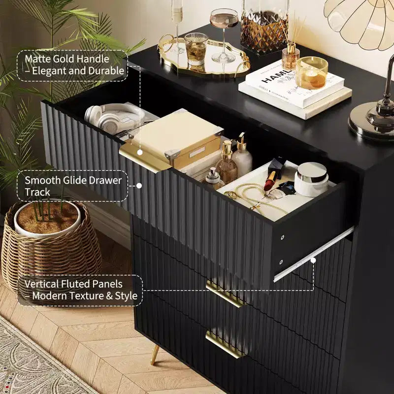 Commode à 5 tiroirs cannelés de 121,2 cm de haut – Chêne naturel, poignées dorées, anti-basculement, rangement de chambre étanche