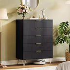 Commode à 5 tiroirs cannelés de 121,2 cm de haut – Chêne naturel, poignées dorées, anti-basculement, rangement de chambre étanche