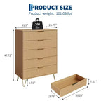 Commode à 5 tiroirs cannelés de 121,2 cm de haut – Chêne naturel, poignées dorées, anti-basculement, rangement de chambre étanche