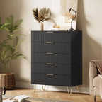 Modern Fluted 5-Drawer Dresser 47.72 Tall, Natural Oak, Gold Handles, 200 lbs Top, Anti-Tip, Waterproof, Bedroom/Hallway Statement Storage