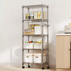 5-Tier Metal Storage Shelves with Wheels & Handle, Adjustable Wire Rack for Kitchen, Garage or Pantry, 1100LBS Capacity, Silver
