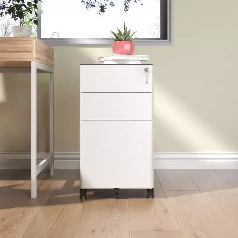 Meuble de rangement mobile à 3 tiroirs avec serrure – Entièrement en acier anti-basculement, blanc, convient aux formats A4/Letter pour le bureau et la maison