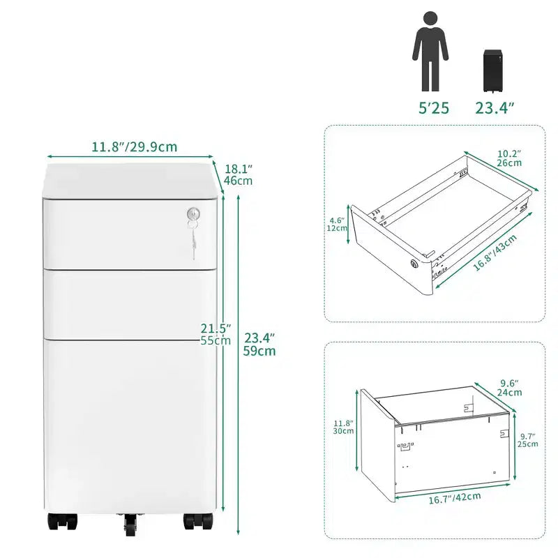 Meuble de rangement mobile à 3 tiroirs avec serrure – Entièrement en acier anti-basculement, blanc, convient aux formats A4/Letter pour le bureau et la maison