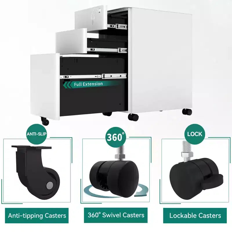 Meuble de rangement mobile à 3 tiroirs avec serrure – Entièrement en acier anti-basculement, blanc, convient aux formats A4/Letter pour le bureau et la maison