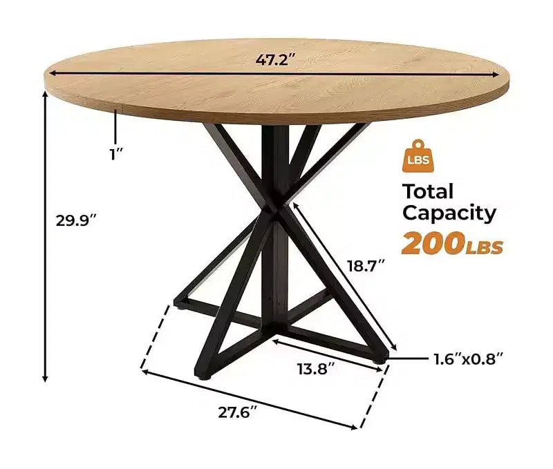 Table de salle à manger ronde de 119 cm pour 4 personnes, table de dîner circulaire en bois, piédestal en métal robuste et plateau de table en 4 parties, tables de cuisine rondes à piédestal