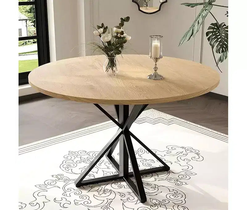 Table de salle à manger ronde de 119 cm pour 4 personnes, table de dîner circulaire en bois, piédestal en métal robuste et plateau de table en 4 parties, tables de cuisine rondes à piédestal