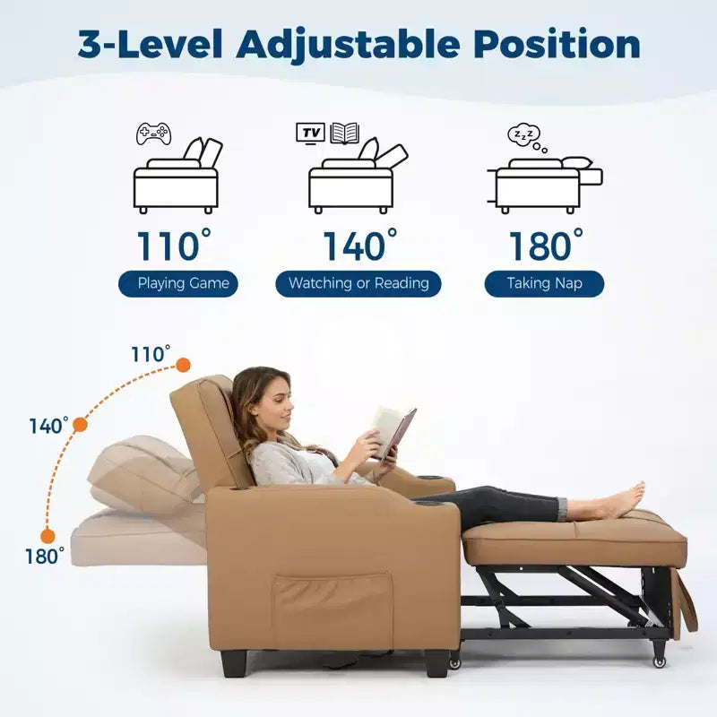 Canapé-Lit Convertible 3-en-1 avec USB et Massage – Inclinable à 110-180°, Porte-Gobelets, 172 kg, Idéal pour Dortoir