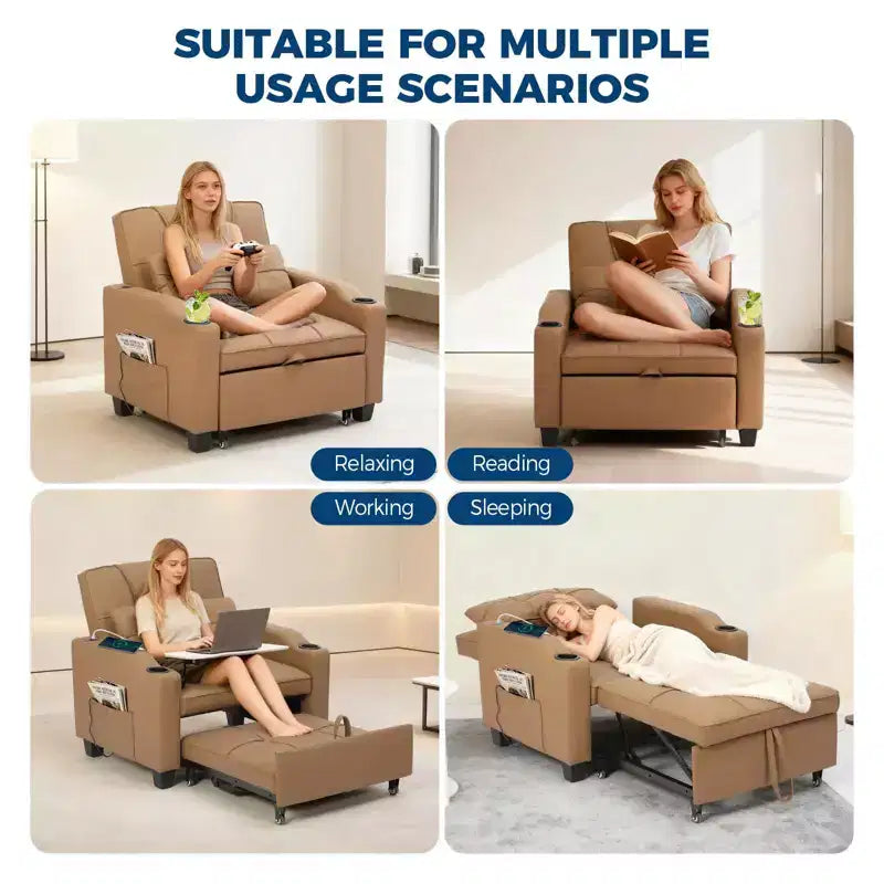 Canapé-Lit Convertible 3-en-1 avec USB et Massage – Inclinable à 110-180°, Porte-Gobelets, 172 kg, Idéal pour Dortoir