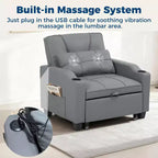 Canapé-Lit Convertible 3-en-1 avec USB et Massage – Inclinable à 110-180°, Porte-Gobelets, 172 kg, Idéal pour Dortoir