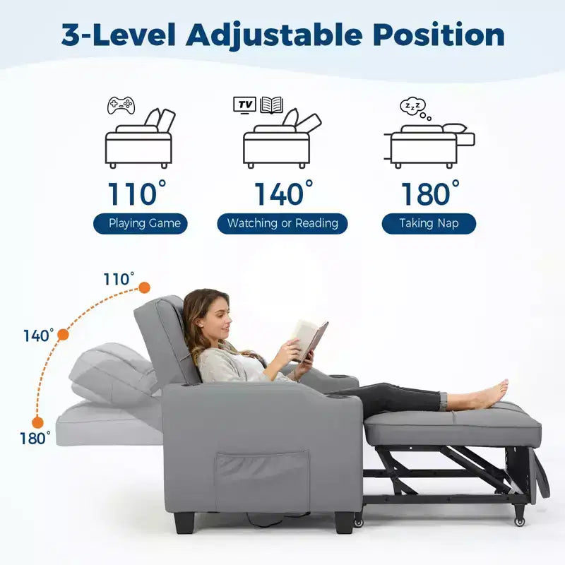 Canapé-Lit Convertible 3-en-1 avec USB et Massage – Inclinable à 110-180°, Porte-Gobelets, 172 kg, Idéal pour Dortoir