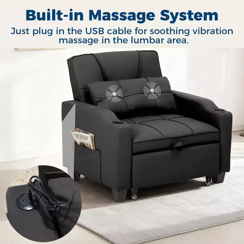 Canapé-Lit Convertible 3-en-1 avec USB et Massage – Inclinable à 110-180°, Porte-Gobelets, 172 kg, Idéal pour Dortoir