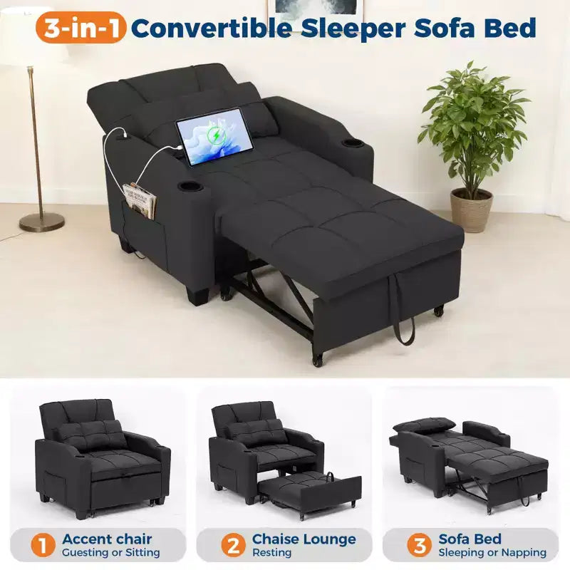 Canapé-Lit Convertible 3-en-1 avec USB et Massage – Inclinable à 110-180°, Porte-Gobelets, 172 kg, Idéal pour Dortoir