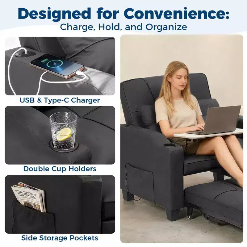 Canapé-Lit Convertible 3-en-1 avec USB et Massage – Inclinable à 110-180°, Porte-Gobelets, 172 kg, Idéal pour Dortoir
