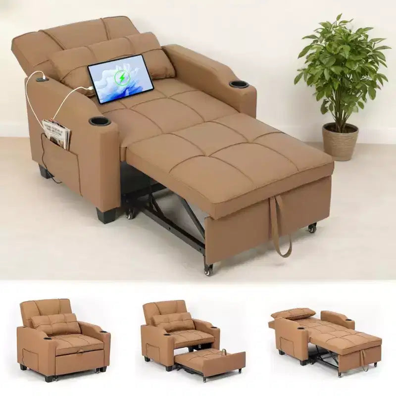 Canapé-Lit Convertible 3-en-1 avec USB et Massage – Inclinable à 110-180°, Porte-Gobelets, 172 kg, Idéal pour Dortoir