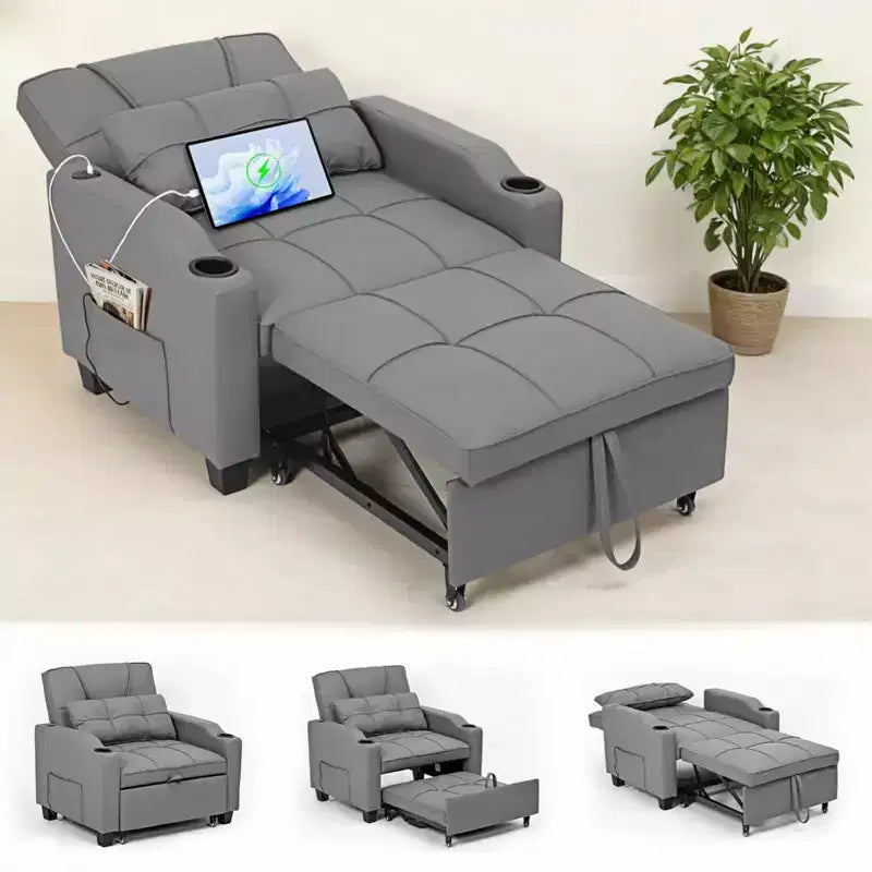 Canapé-Lit Convertible 3-en-1 avec USB et Massage – Inclinable à 110-180°, Porte-Gobelets, 172 kg, Idéal pour Dortoir