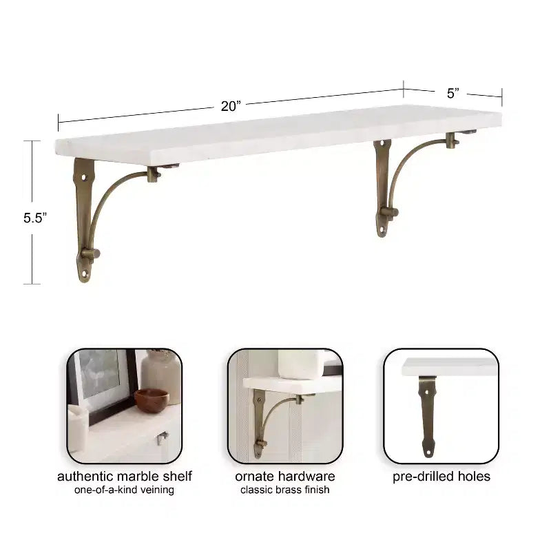 Étagère murale en marbre de 50,8 cm – Étagère flottante décorative blanche et dorée