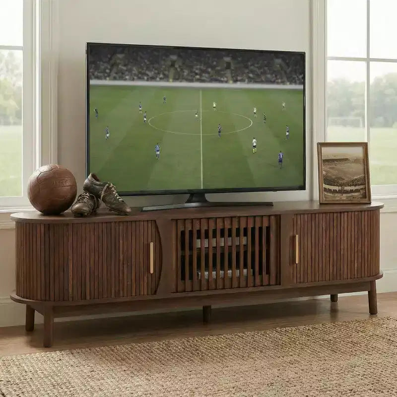 Meuble TV style ferme moderne pour téléviseurs de 75 po – Meuble de divertissement en bois avec placard de rangement pour salon