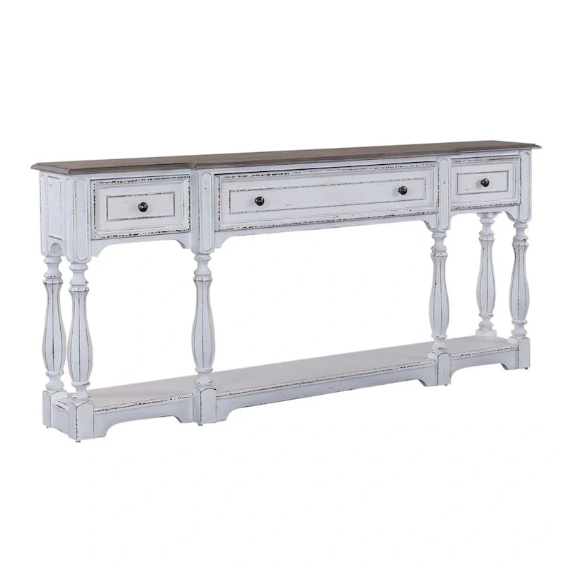 Console de hall 72 po blanc antique et écorce vieillie
