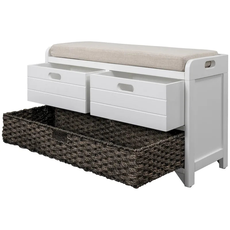 Banc de rangement en bois avec 2 paniers tressés