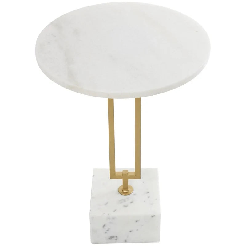 Table d'appoint géométrique en marbre avec support rectangulaire en métal doré - Blanc