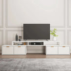 Meuble TV d'angle moderne blanc avec 2 tiroirs et rangement ouvert