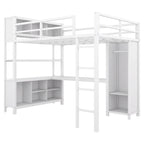 Lit mezzanine en métal blanc cassé avec bureau et armoire - Grand lit