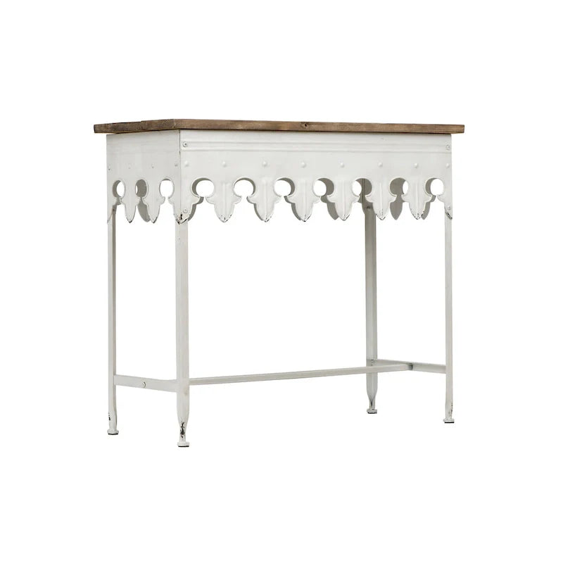 Console en métal finition zinc et bois à bord festonné