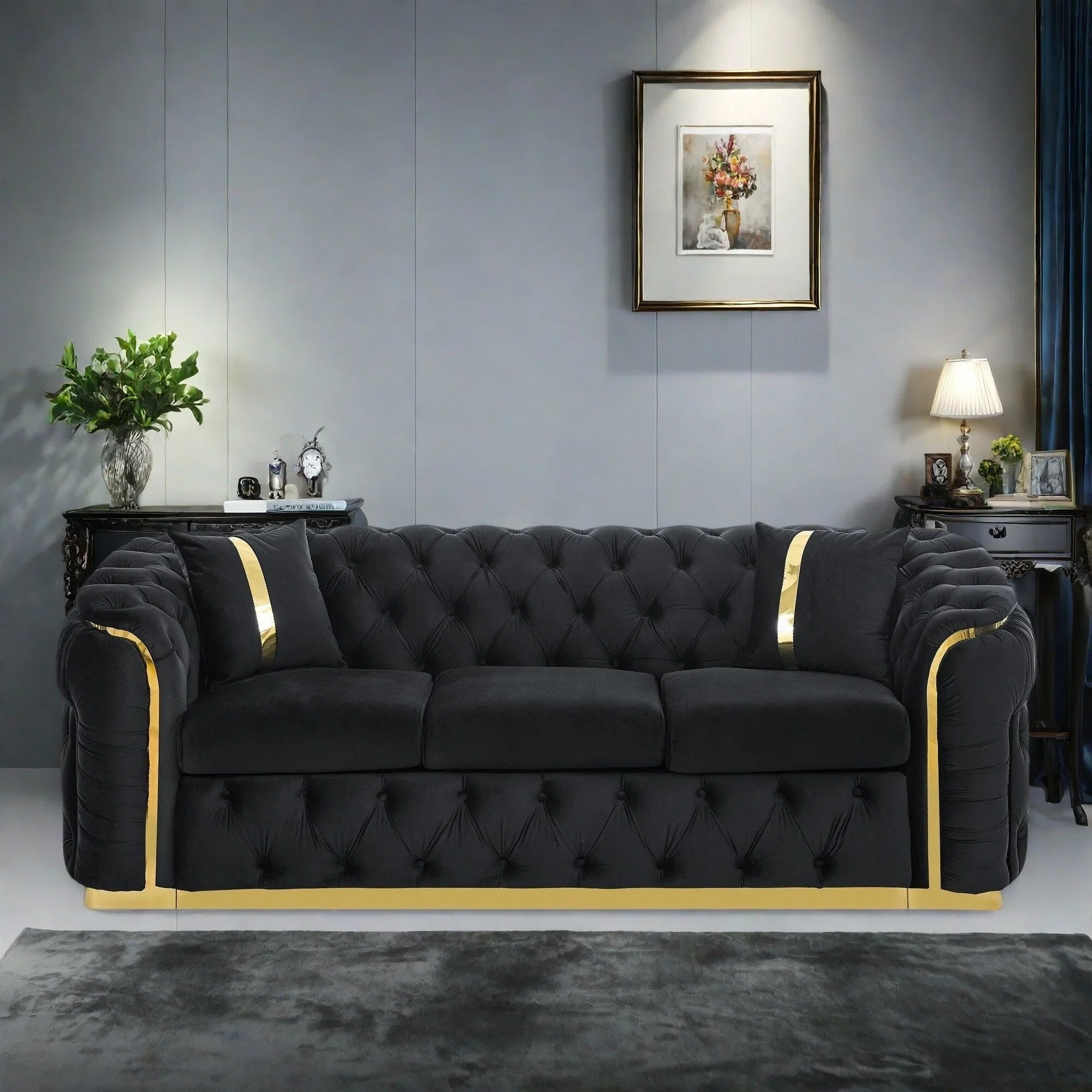 Canapé 3 places Velvet 90,6 po avec 2 oreillers, coussins haute densité, accents dorés et oreillers