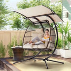 Balancelle extérieure à deux places avec support, chaise suspendue pliable, coussin de hamac et auvent, chaise double en forme d'œuf - Beige