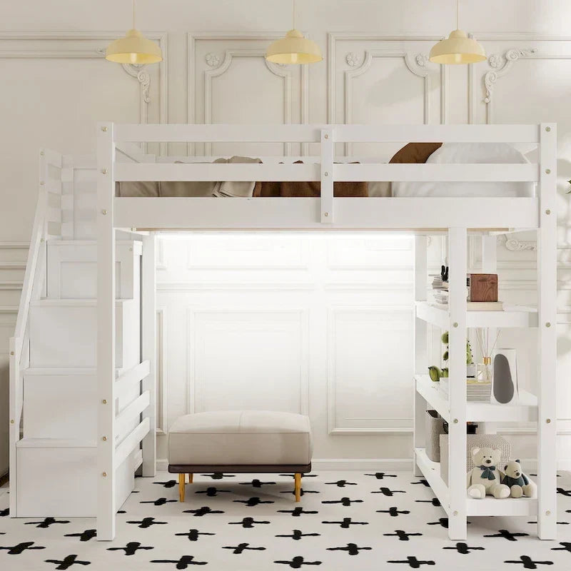Lit mezzanine simple/double avec escalier de rangement - Étagères, armoire et lumière LED, design peu encombrant
