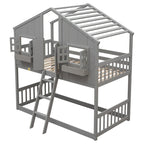 Lit superposé cabane jumeau sur jumeau avec toit, fenêtre, jardinière, porte, barrières de sécurité et échelle, gris