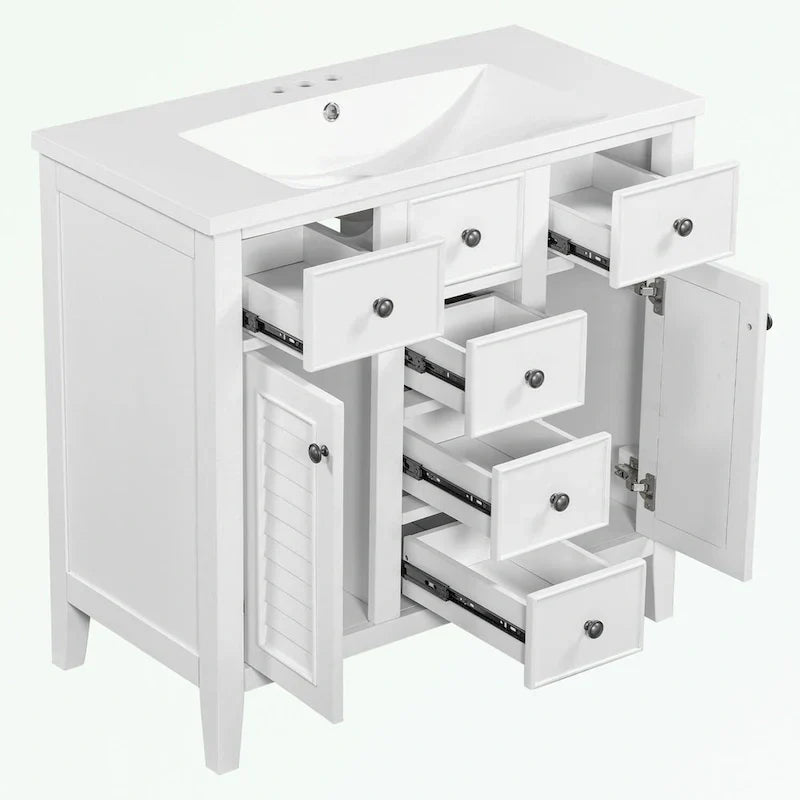 Meuble-lavabo avec vasque en céramique, deux placards et cinq tiroirs