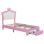 Cadre de lit double rembourré avec lumières LED, lit de princesse moderne rembourré avec tête de lit en forme de couronne, un tiroir, rose+blanc