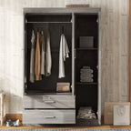 Armoire penderie 3 portes avec miroirs, étagères et 2 tiroirs