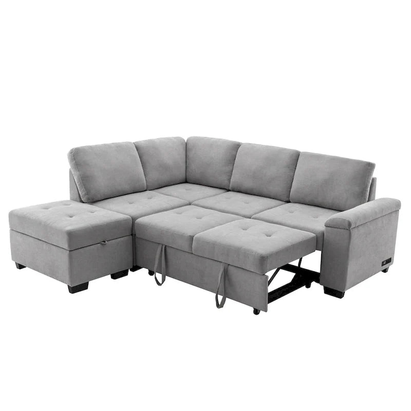 Canapé d'angle convertible 5 places en L 84,75 po avec pouf de rangement, rangement de bras dissimulé et chargement USB pour salon