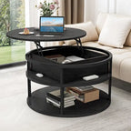 Table basse ronde relevable Moasis Farmhouse avec rangement dissimulé et étagère