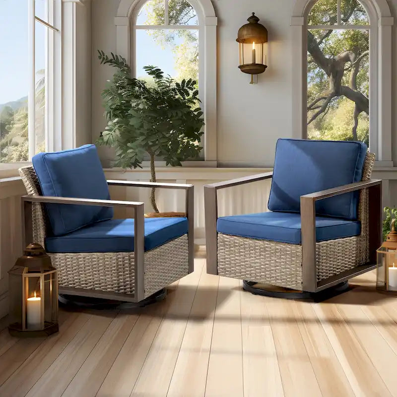 Fauteuil à bascule d'extérieur Cozywor en osier 2 pièces avec structure métallique et coussins